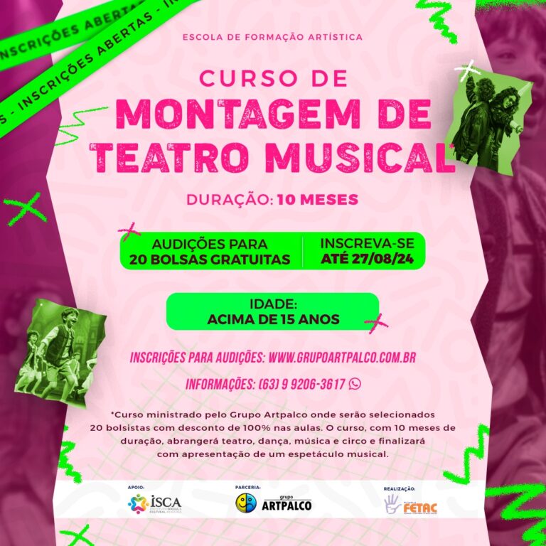 Inscrições abertas para vagas gratuitas de Curso de Teatro Musical em Araguaína